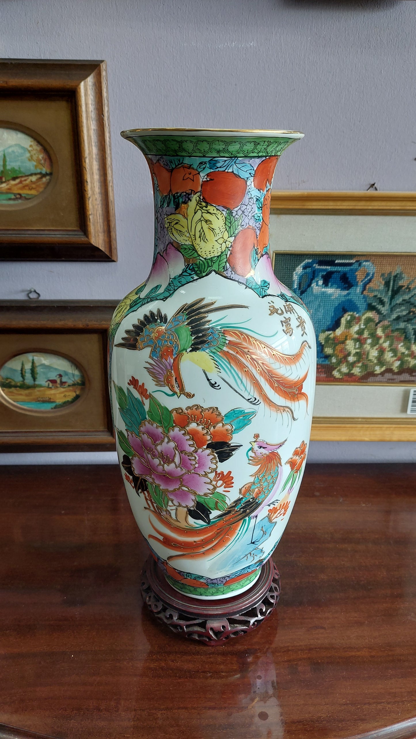 Vaso Porcellana Cinese H38 + Base Legno Intagliata