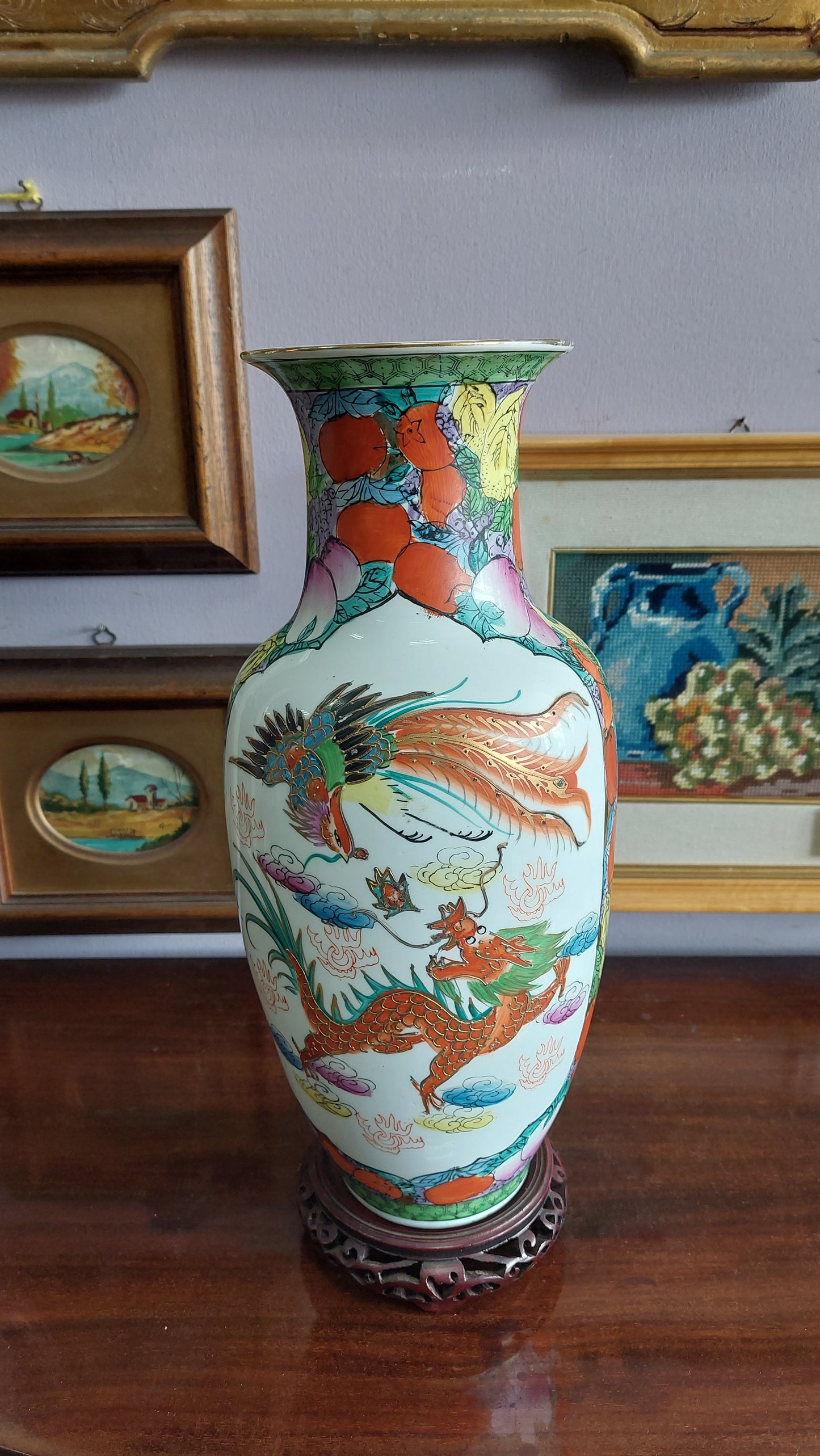 Vaso Porcellana Cinese H38 + Base Legno Intagliata