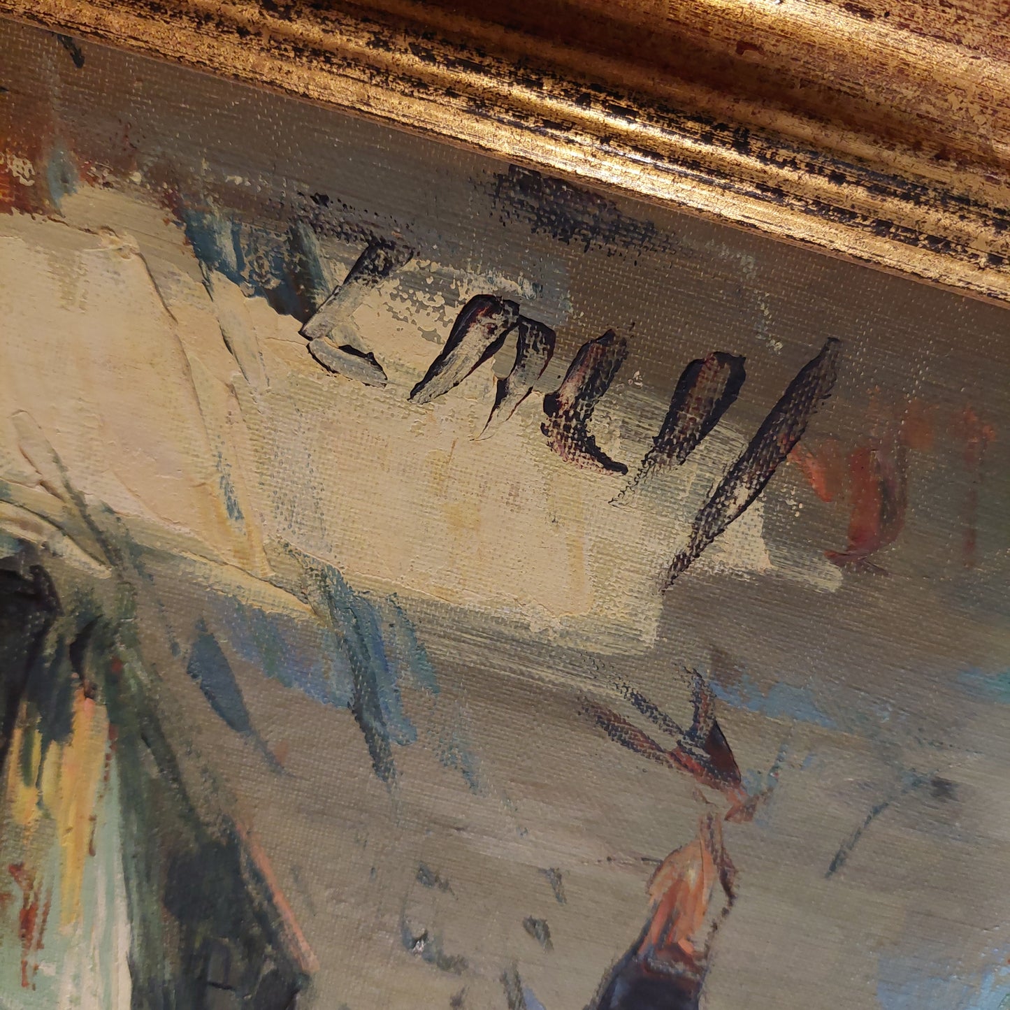 Quadro Vicolo Olio Su Tela Firmato Cm48,5x87,5