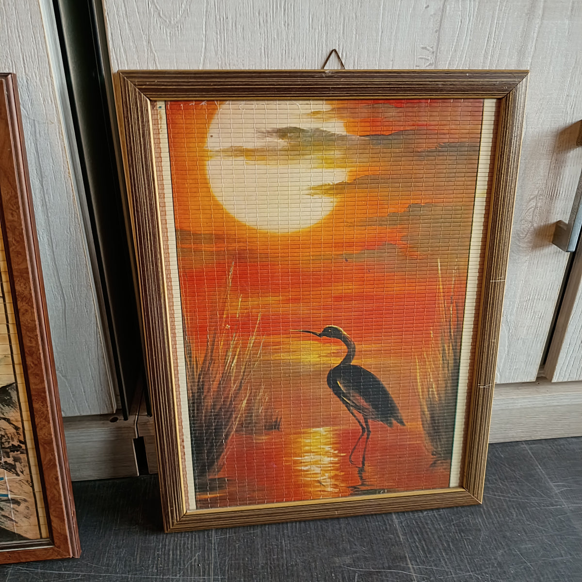 Quadro Cinese Airone Su Bambù Vintage Cm34x44