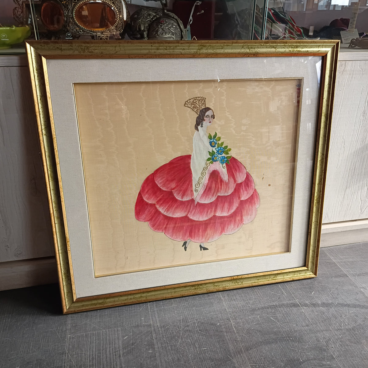 Quadro * Dama Olio Su Seta Con Applicazioni Cm69x62