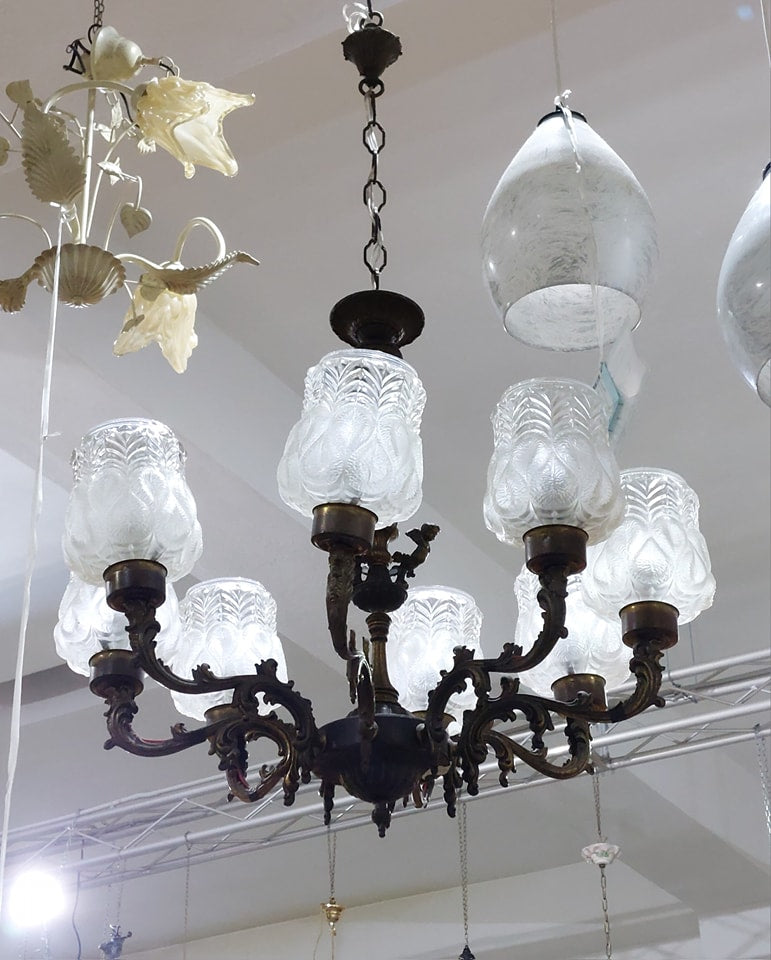 Lampadario Ottone/coppe Vetro 8/luci