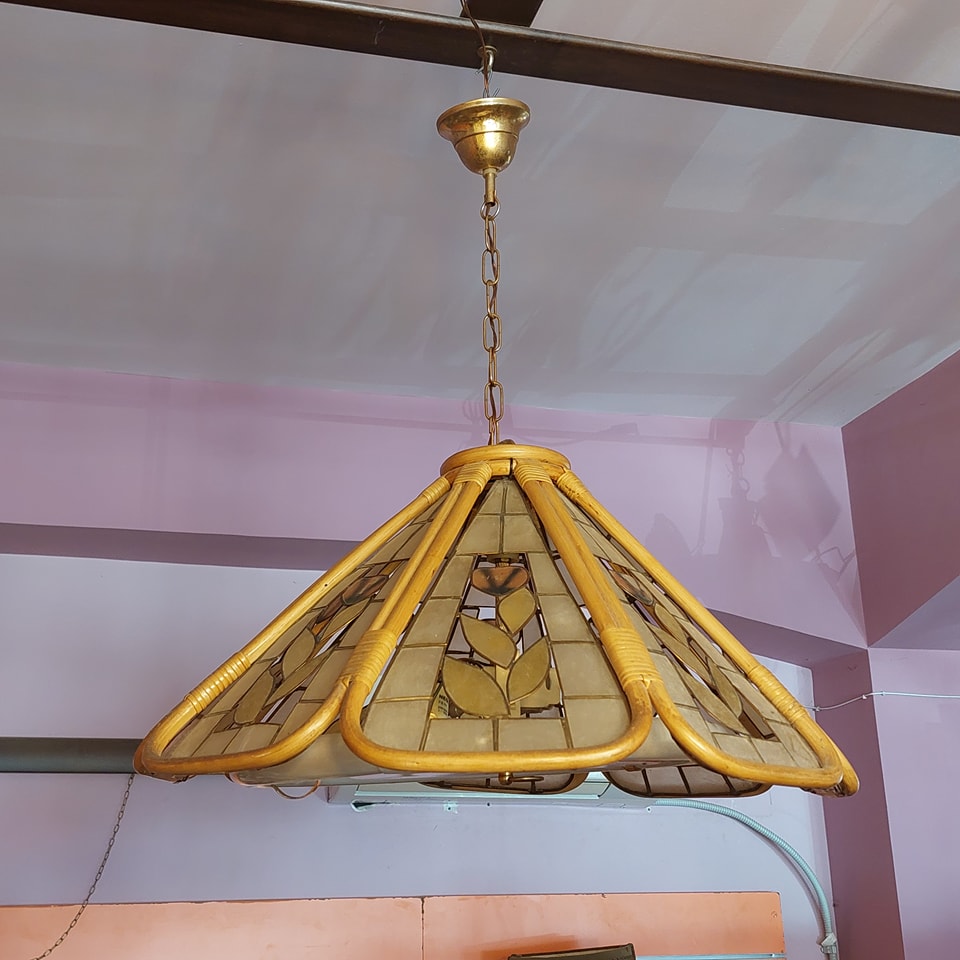 Lampadario Anni 70 Bambu' Madreperla Piombato
