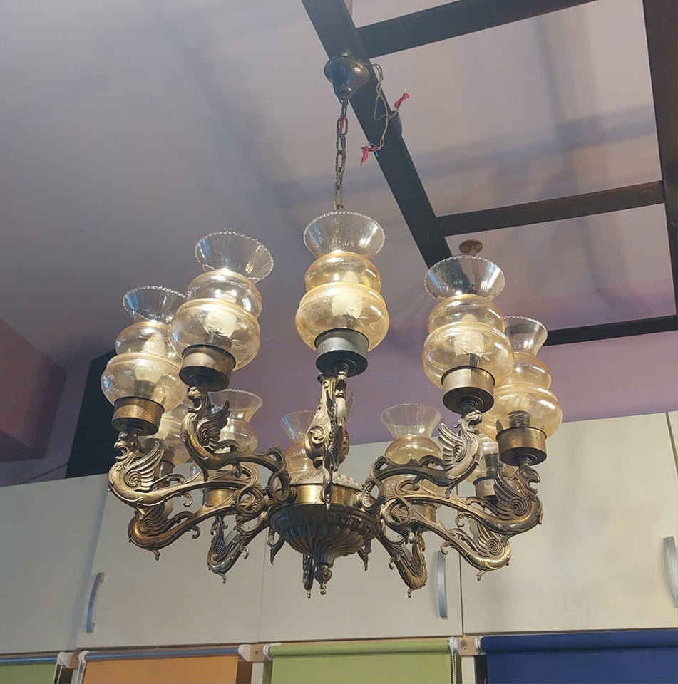 Lampadario Ottone Grifone Coppe Vetro 10/l