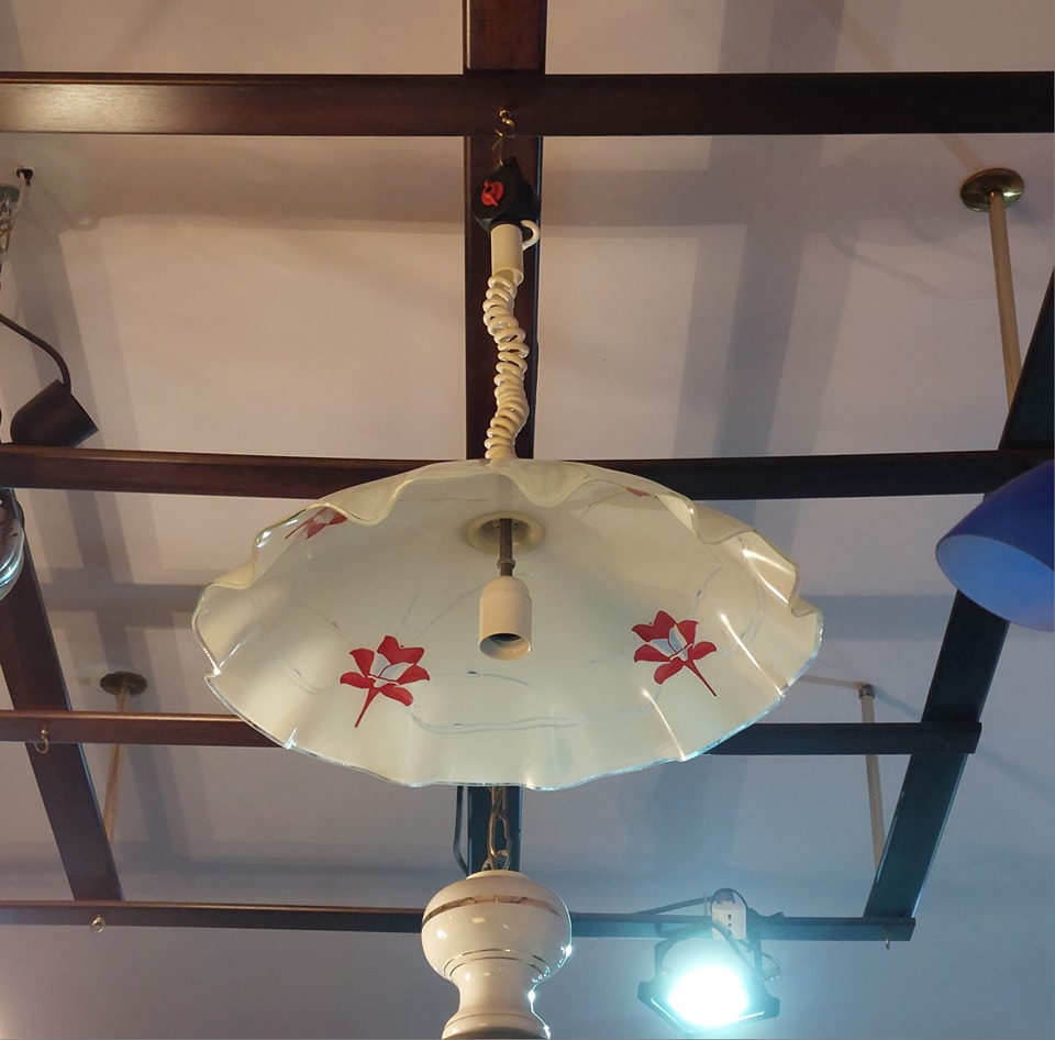 Lampadario Cupola Vetro Fiori Rossi 1/l