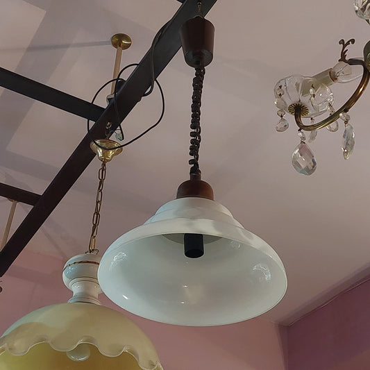Lampadario Legno/cupola Vetro Opalino Vintage 1/l