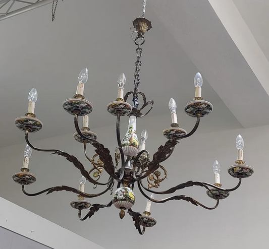 Lampadario Ottone/porcellana Capodimonte 12 Luci