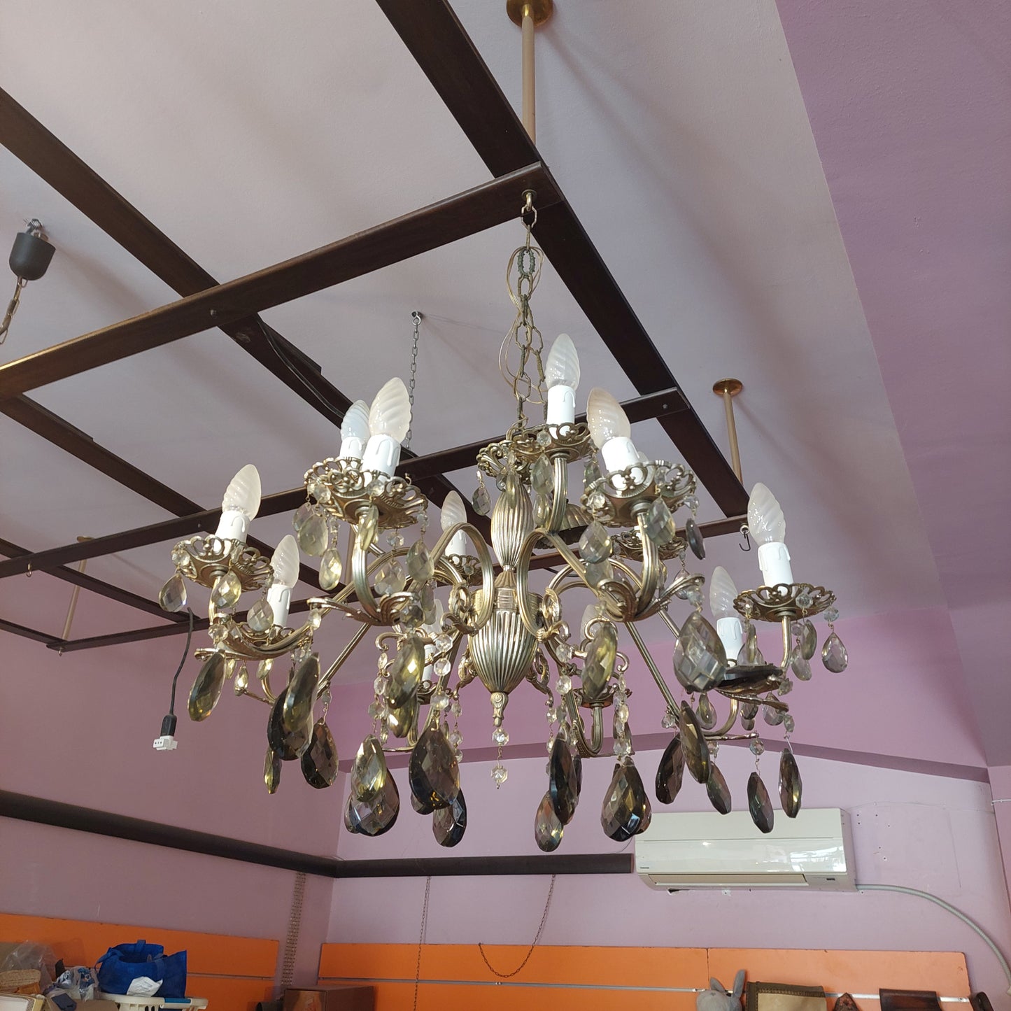 Lampadario Alpacca Gocce Cristallo 12/l