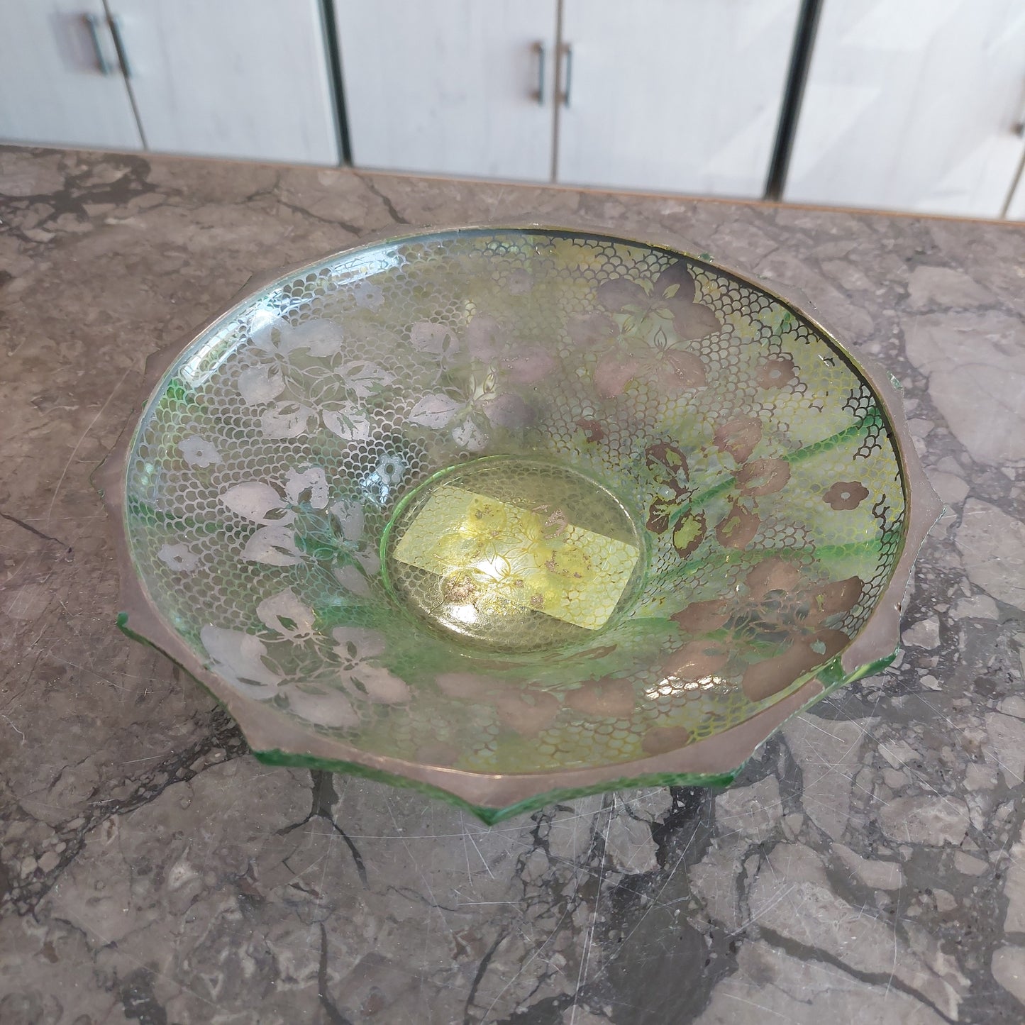 Ciotola Vetro Verde Fiori E Decoro Argento Anni '50