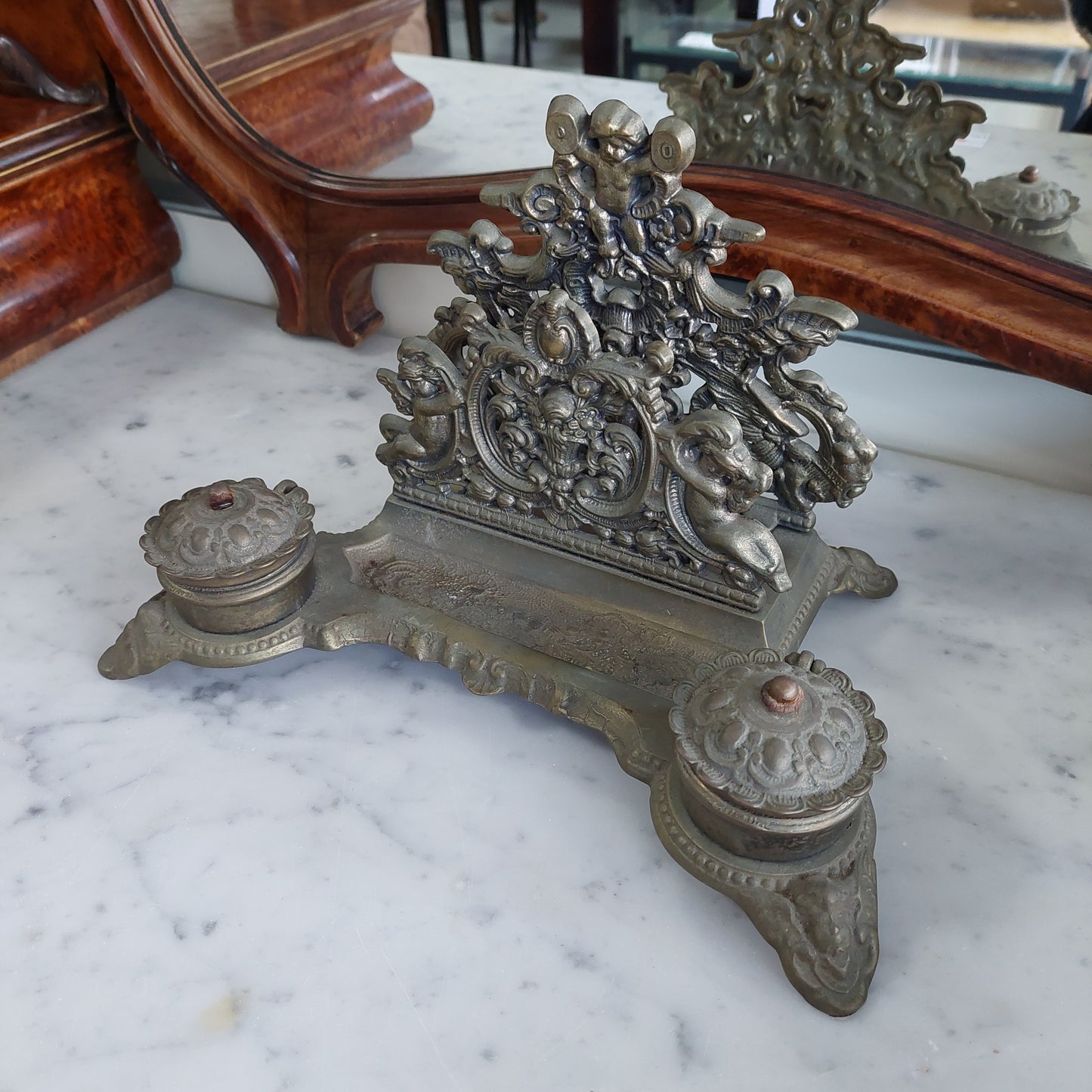 Portalettere Calamaio Antico C/puttini Bronzo Dorato