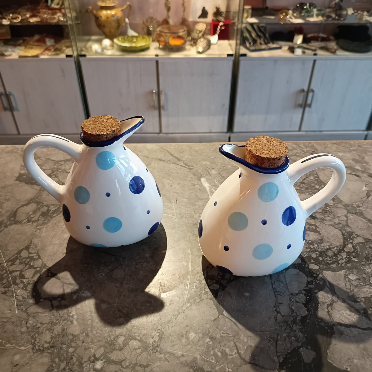 Set/2 Pz Pois Azzurri Olio E Aceto Nataluna Dipinto A Mano