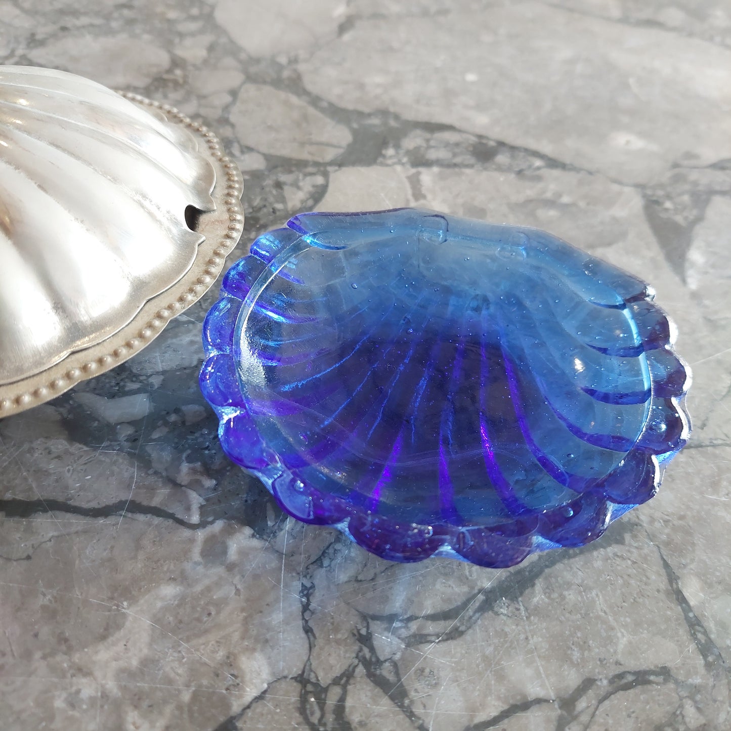 Formaggiera Conchiglia Silver Vetro Blu Vintage