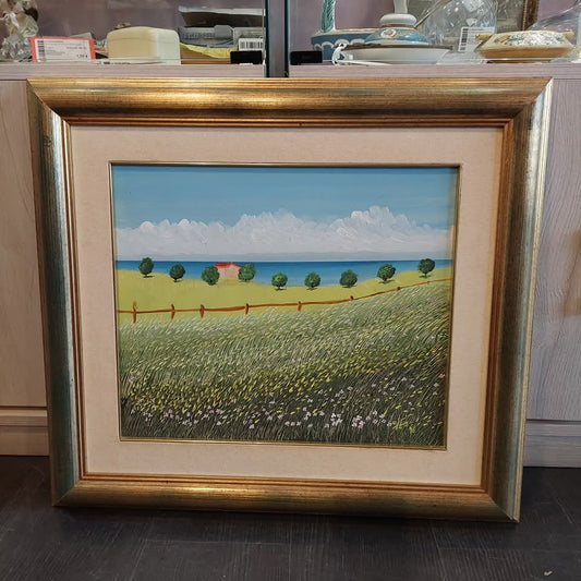 Q/paesaggio Campo Fiorito Firmato Cornice Dorata 65x58