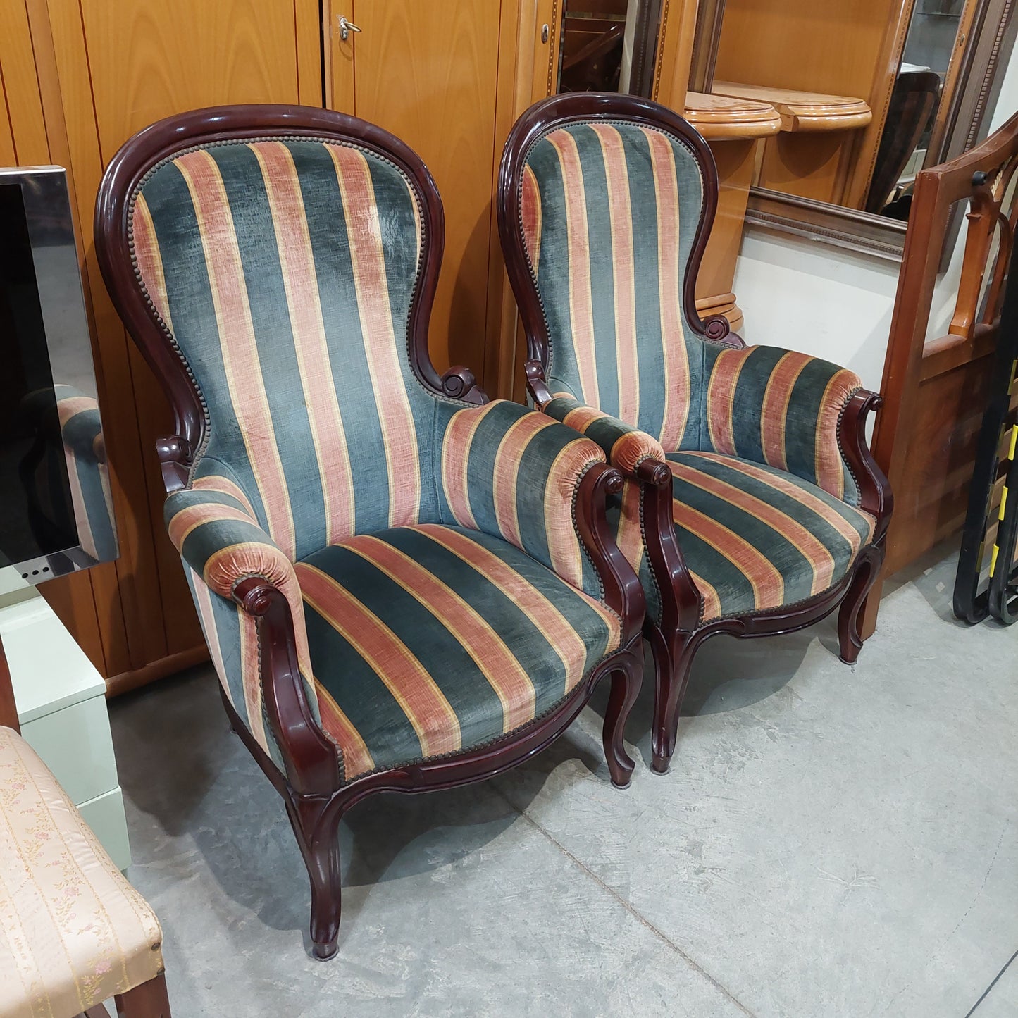 Poltrona Legno Imbottitura Velluto Righe