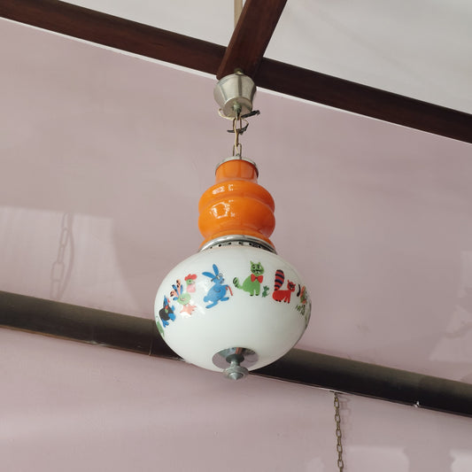 Lampadario Vetro Opalino Anni 50 2/luci Decoro Animaletti