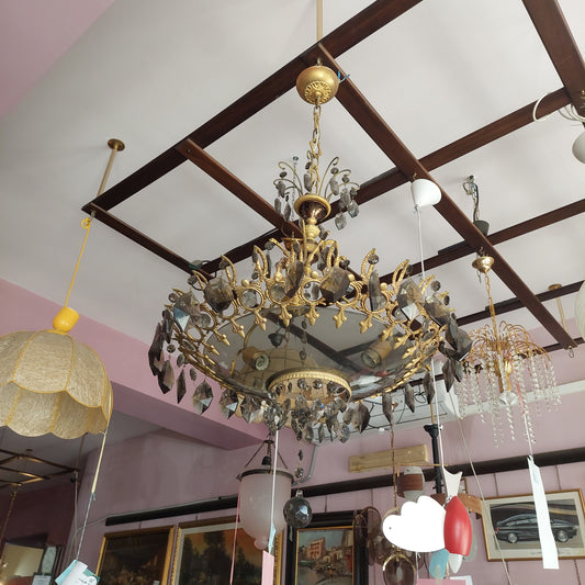 Lampadario Ottone/vetro Gocce Cristallo Primi '900