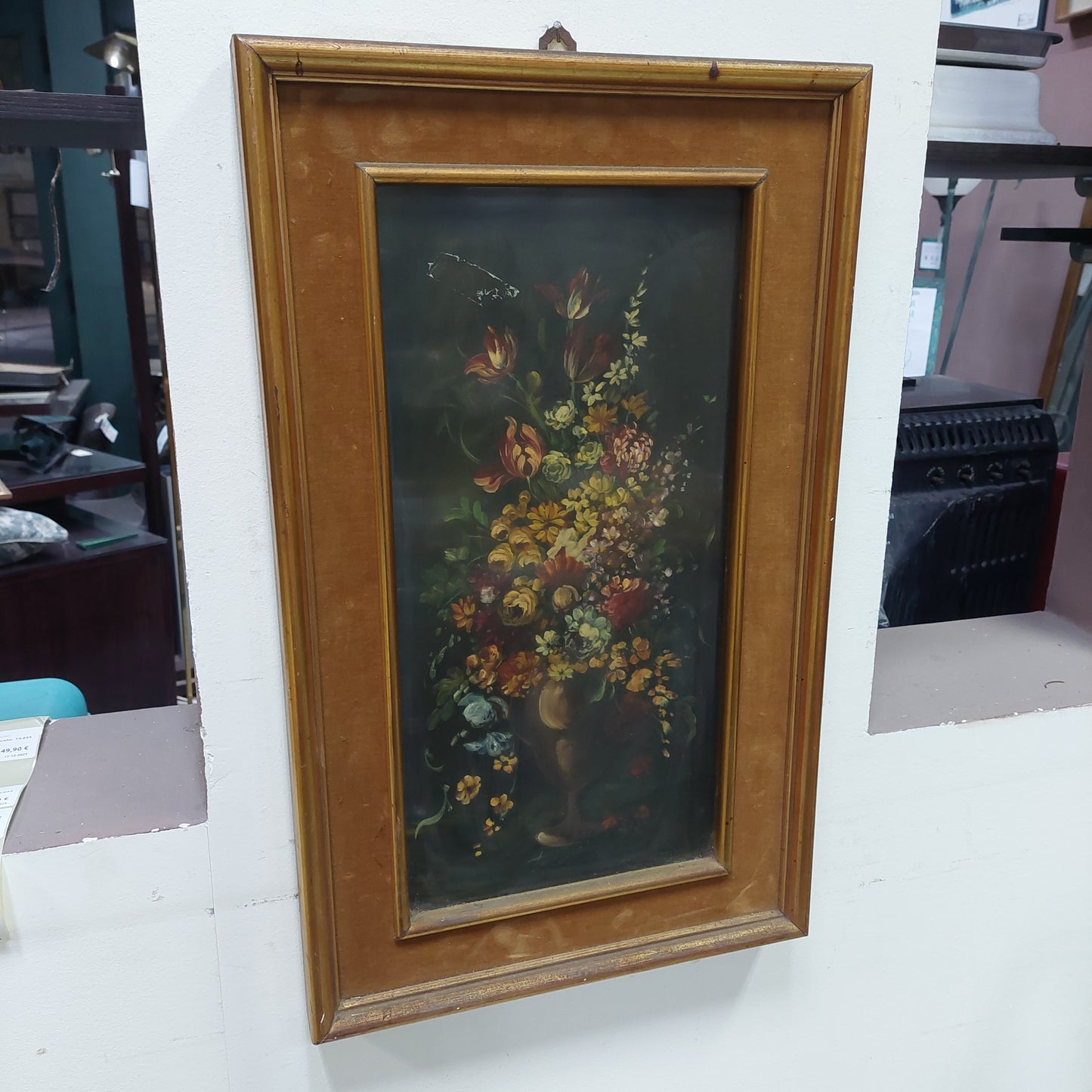 Quadro Vaso Con Fiori Cornice Legno Oro Cm38x63
