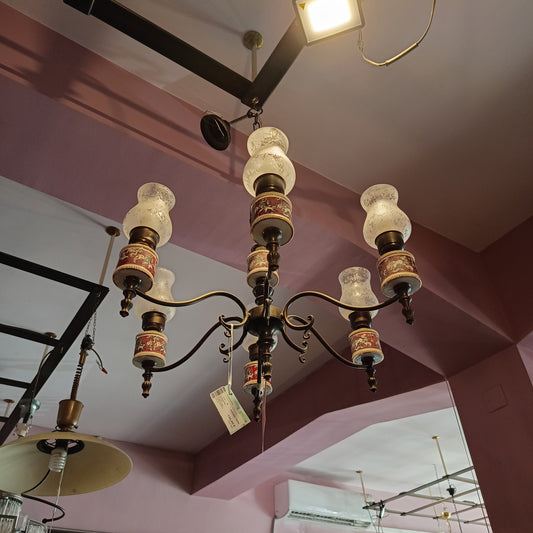 Lampadario Ottone Porcellana Coppe Vetro 6 Luci Anni 50