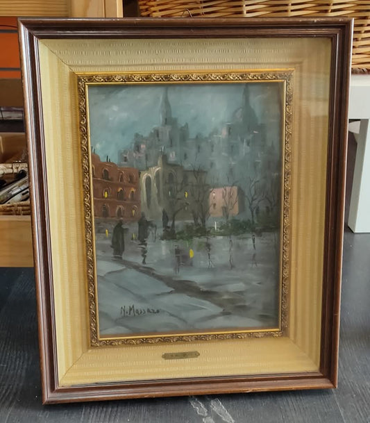 Q/olio Su Tela Piazza Sotto La Pioggia N.massaro Cornice Legno Cm45x55