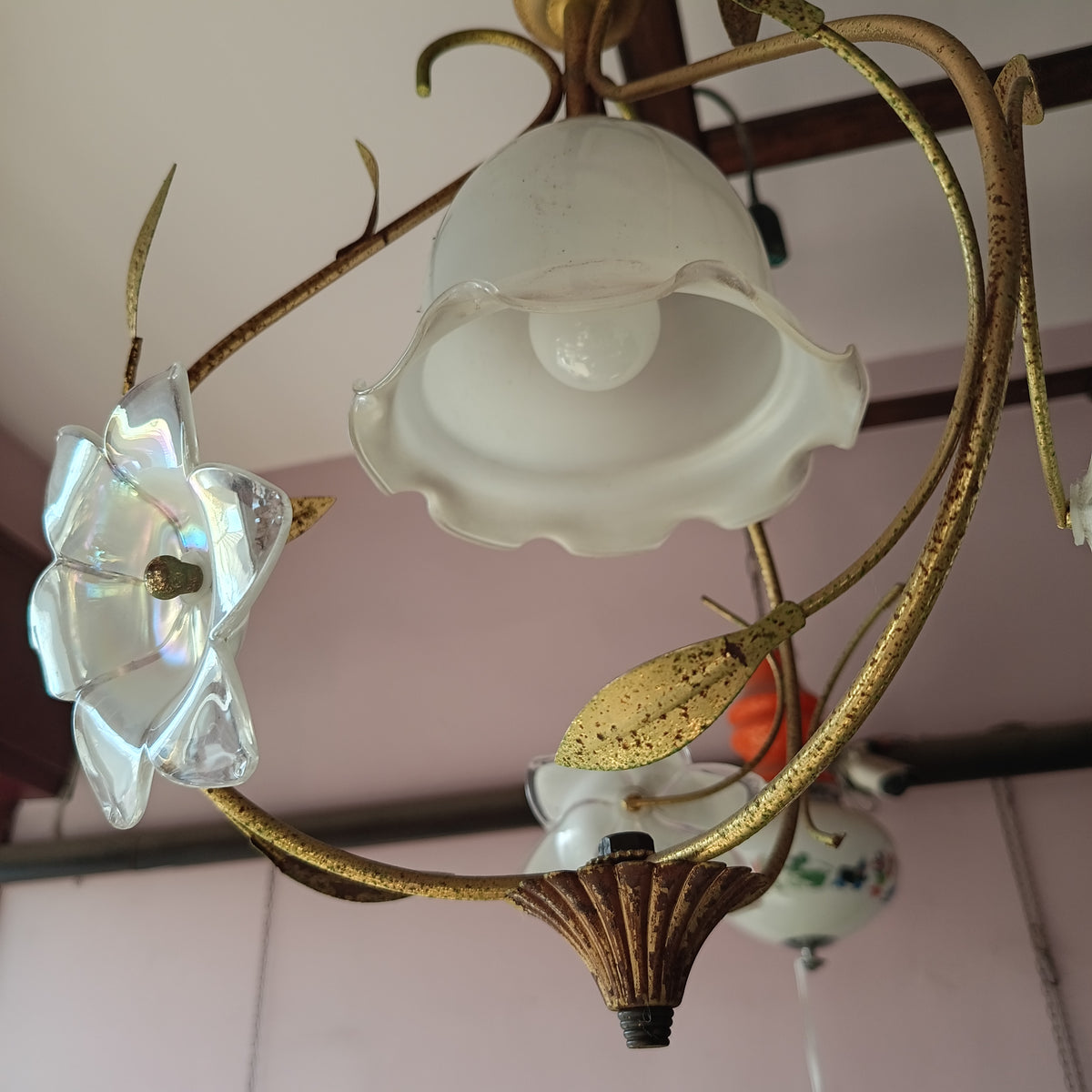 Lampadarietto * Ottone Vetro Fiore 1 Luce