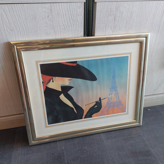 Q/stampa Vintage Profilo Di Donna Con Torre Eiffel Cm56x46