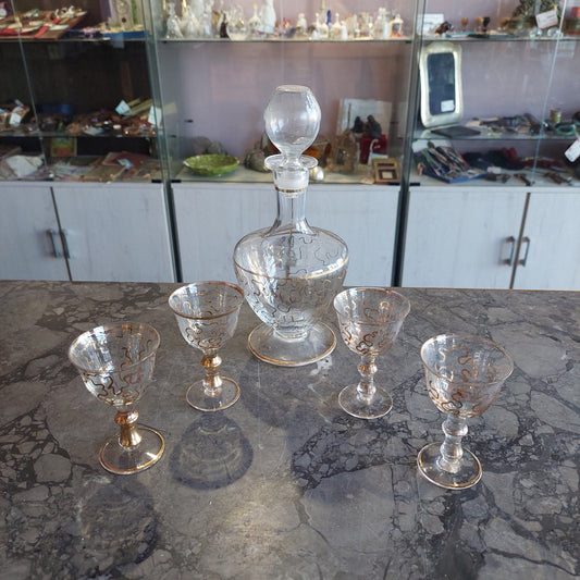 Set/bottiglia + 4 Mini Calici Rosolio Cristallo Decoro Oro Anni 50