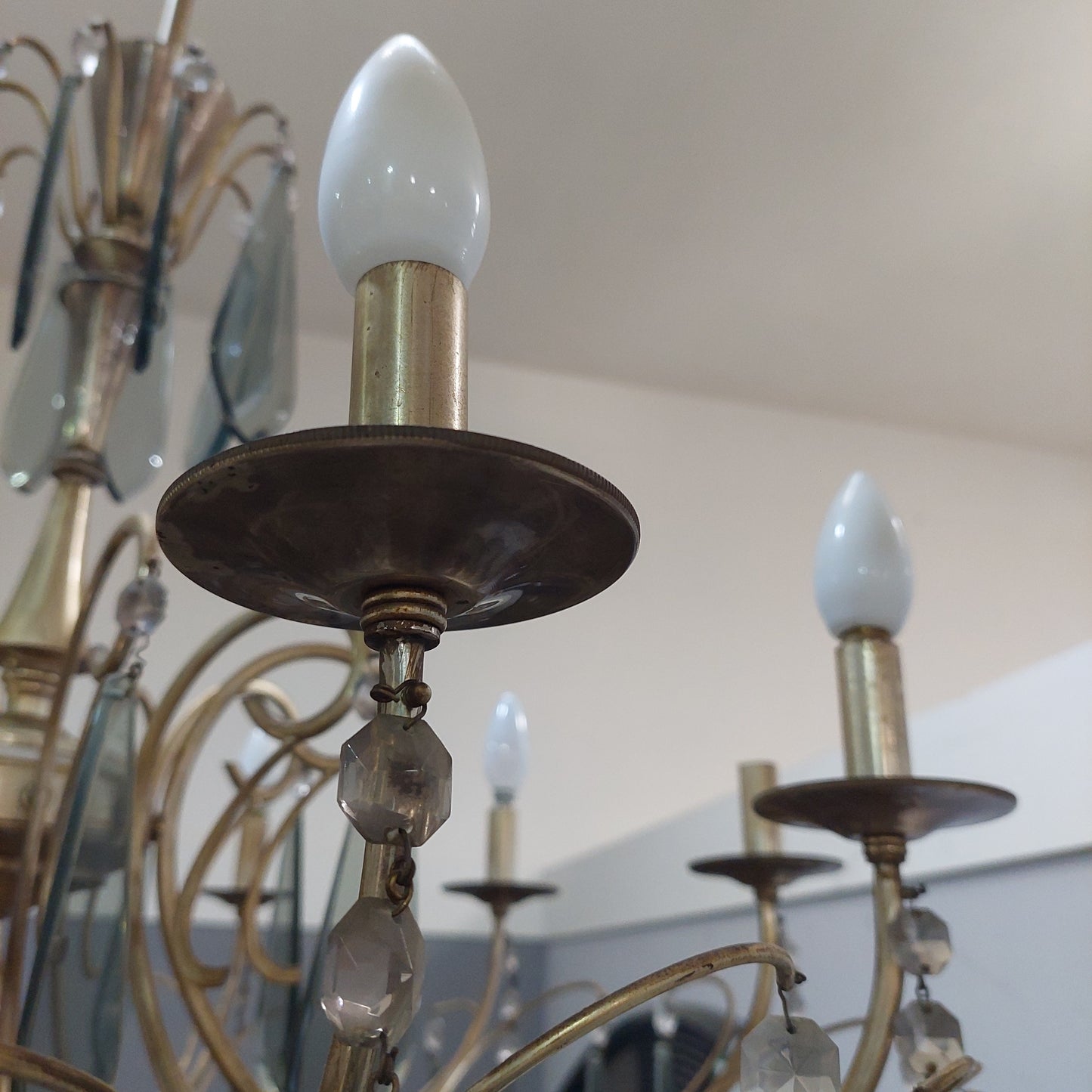 Lampadario Metallo Gocce Vetro Fume' Anni 70 10/luci
