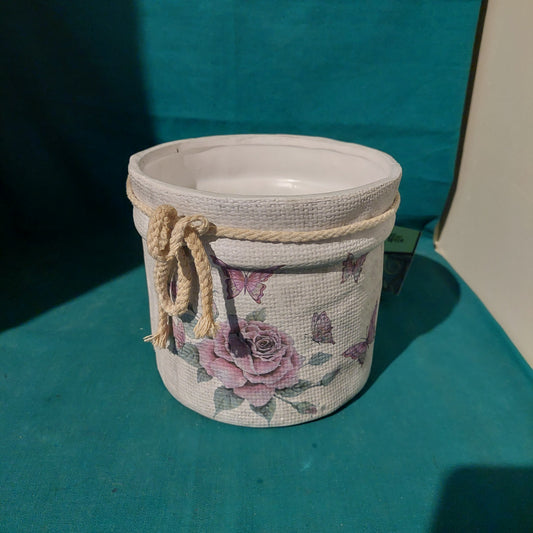 Cachepot Ceramica Decoro Rosa E Farfalle
