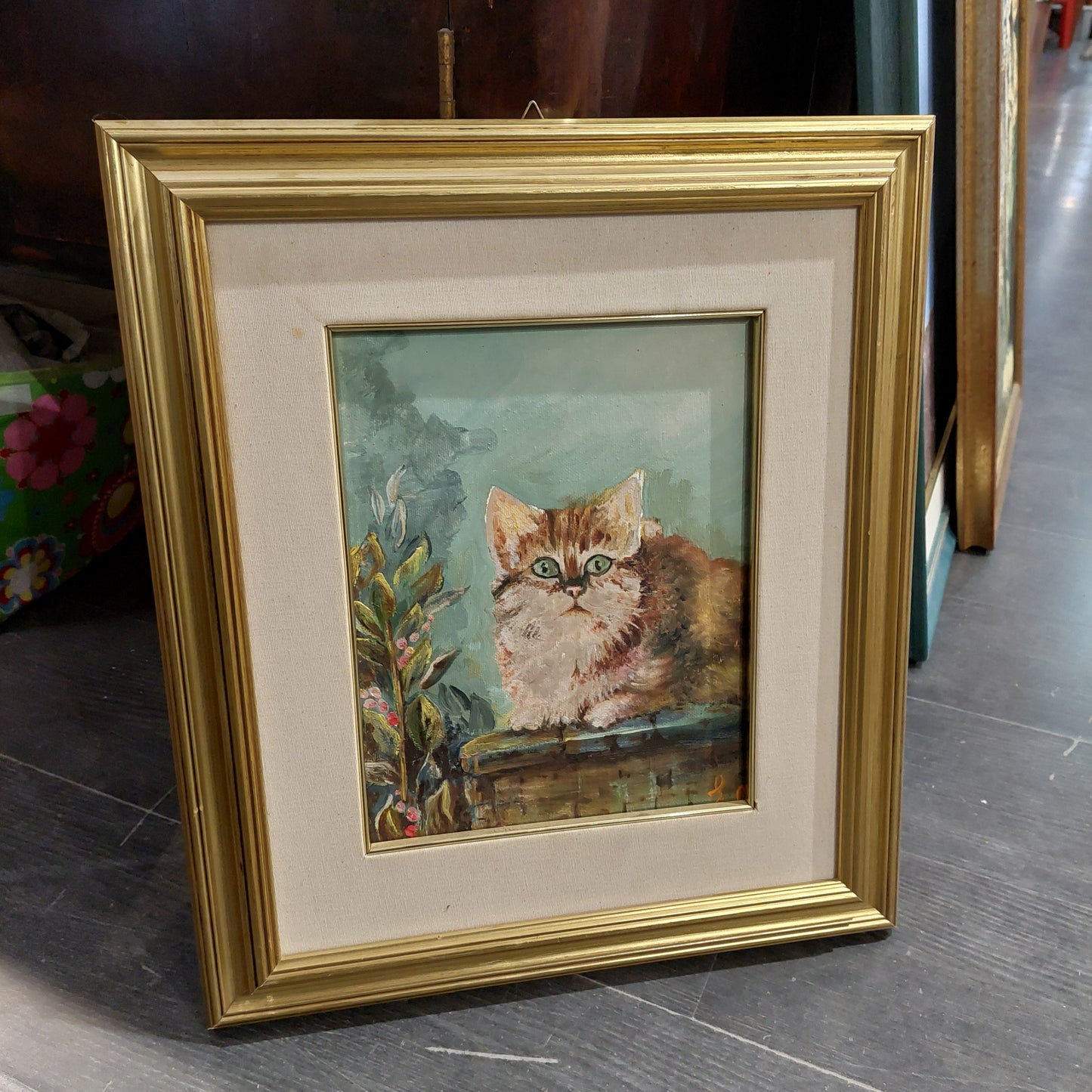 Quadro Gatto Olio Su Tela Cornice Oro Cm42x48