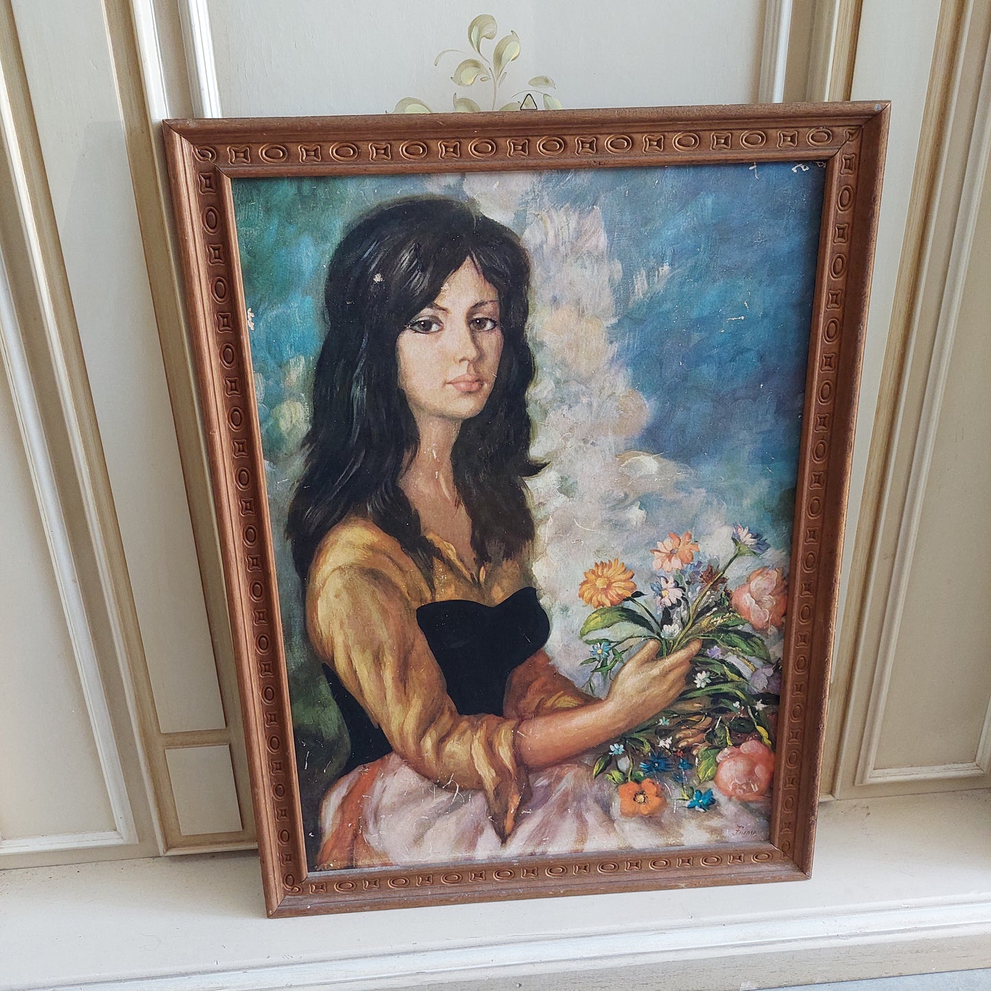 Q/stampa * Vintage Ragazza Con Fiori Firmata Fiume Cm58x78