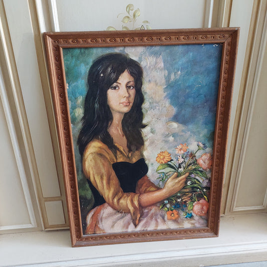 Q/stampa * Vintage Ragazza Con Fiori Firmata Fiume Cm58x78