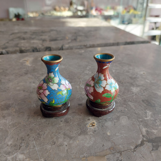 Coppia Vasetti Cloisonne Con Basetta Legno H5,5
