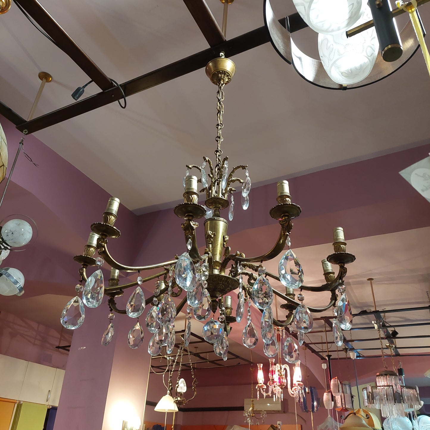 Lampadario Ottone / Gocce Cristallo 10 Luci