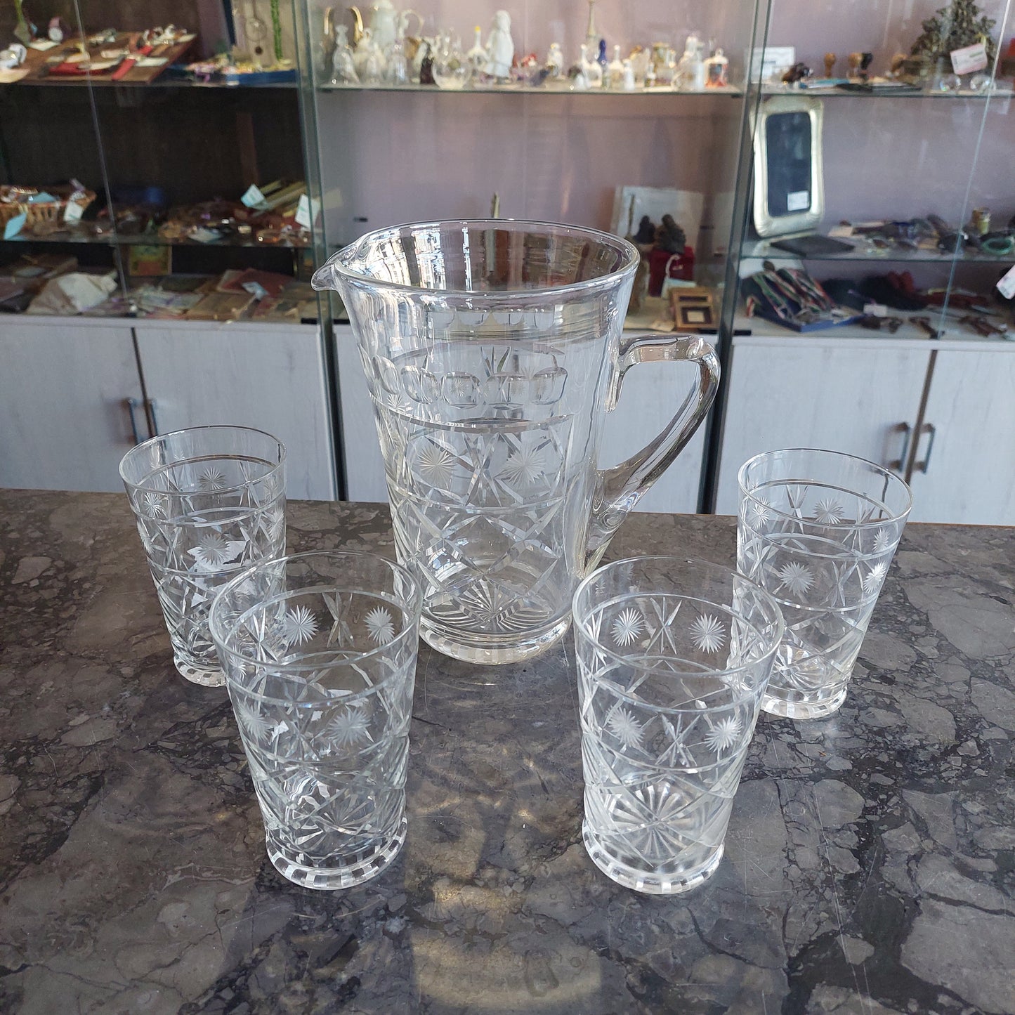 Set/caraffa Cocktail + 4 Bicchieri Cristallo Molato Anni 50