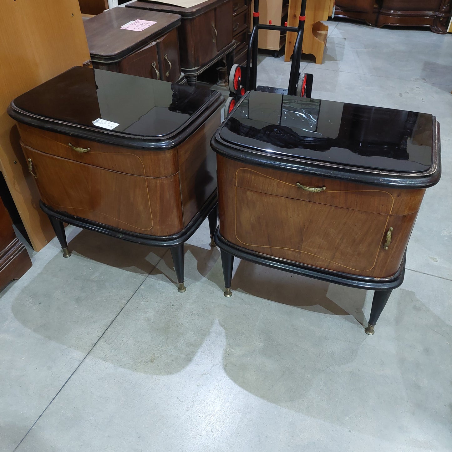 Coppia Comodini Legno Vetro Nero St. Barocco 1/c 1/a