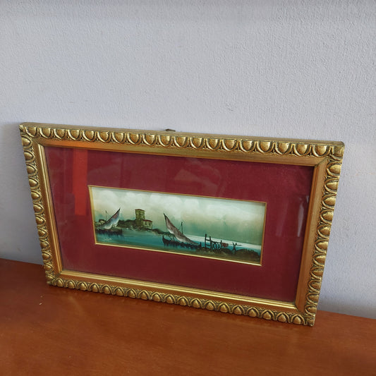 Quadro Paesaggio Barche Firmato Cornice Oro Cm33x21
