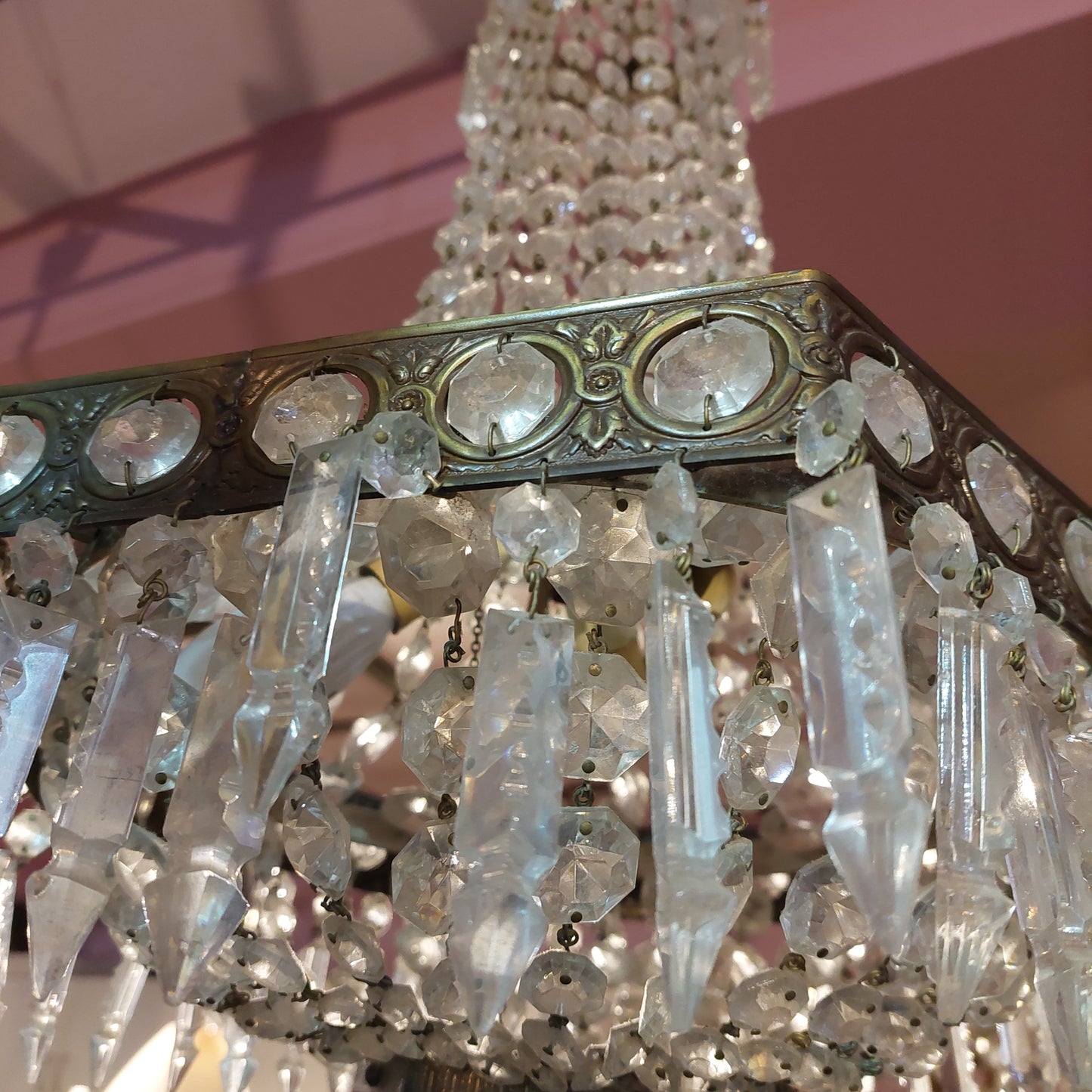 Lampadario Stile Impero Ottone Gocce Cristallo 3 Luci