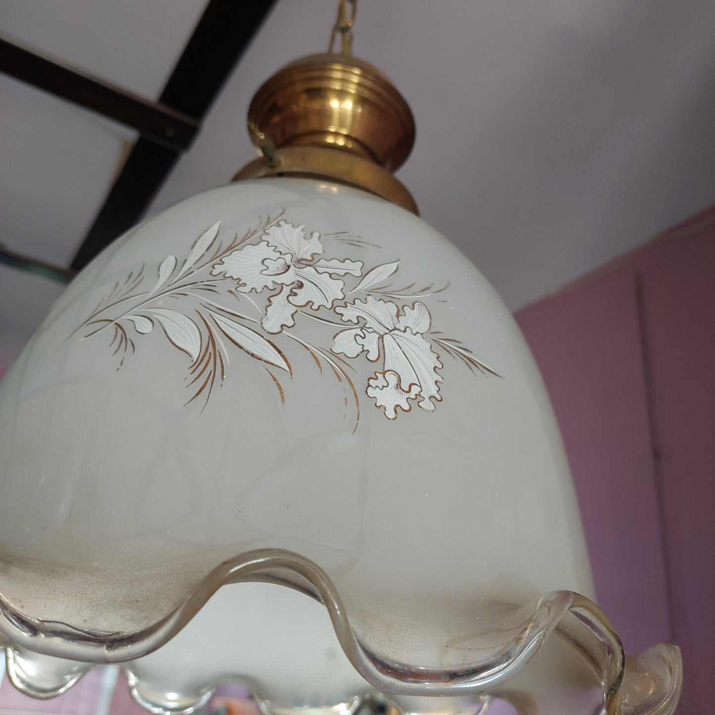 Lampadario Ottone Cupola Vetro Opalino Fiori 1/luce