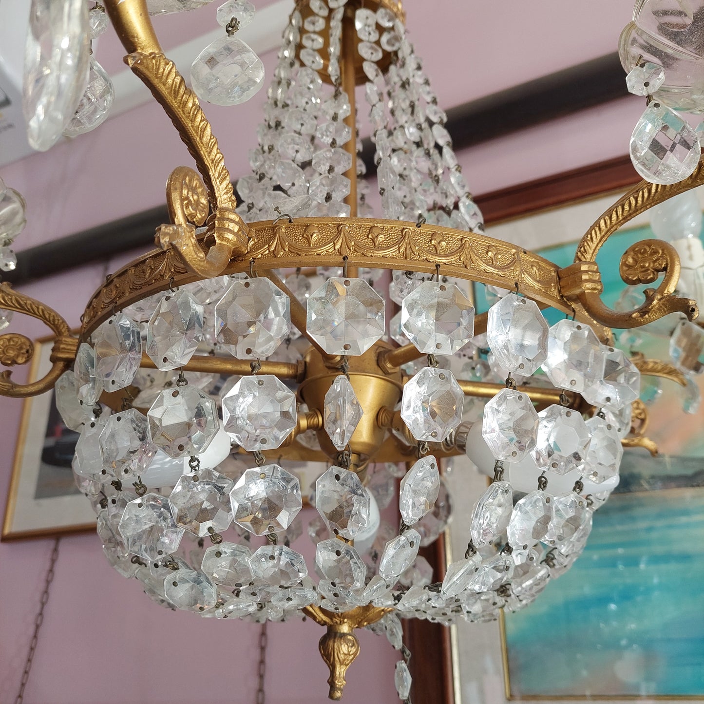 Lampadario Ottone Gocce Cristallo Stile Impero 9 Luci