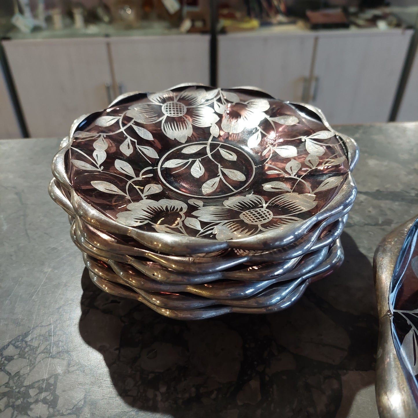 Servizio Dolce Vetro Ametista Decori Argento Anni 50 6 Piattini + 1 Piatto