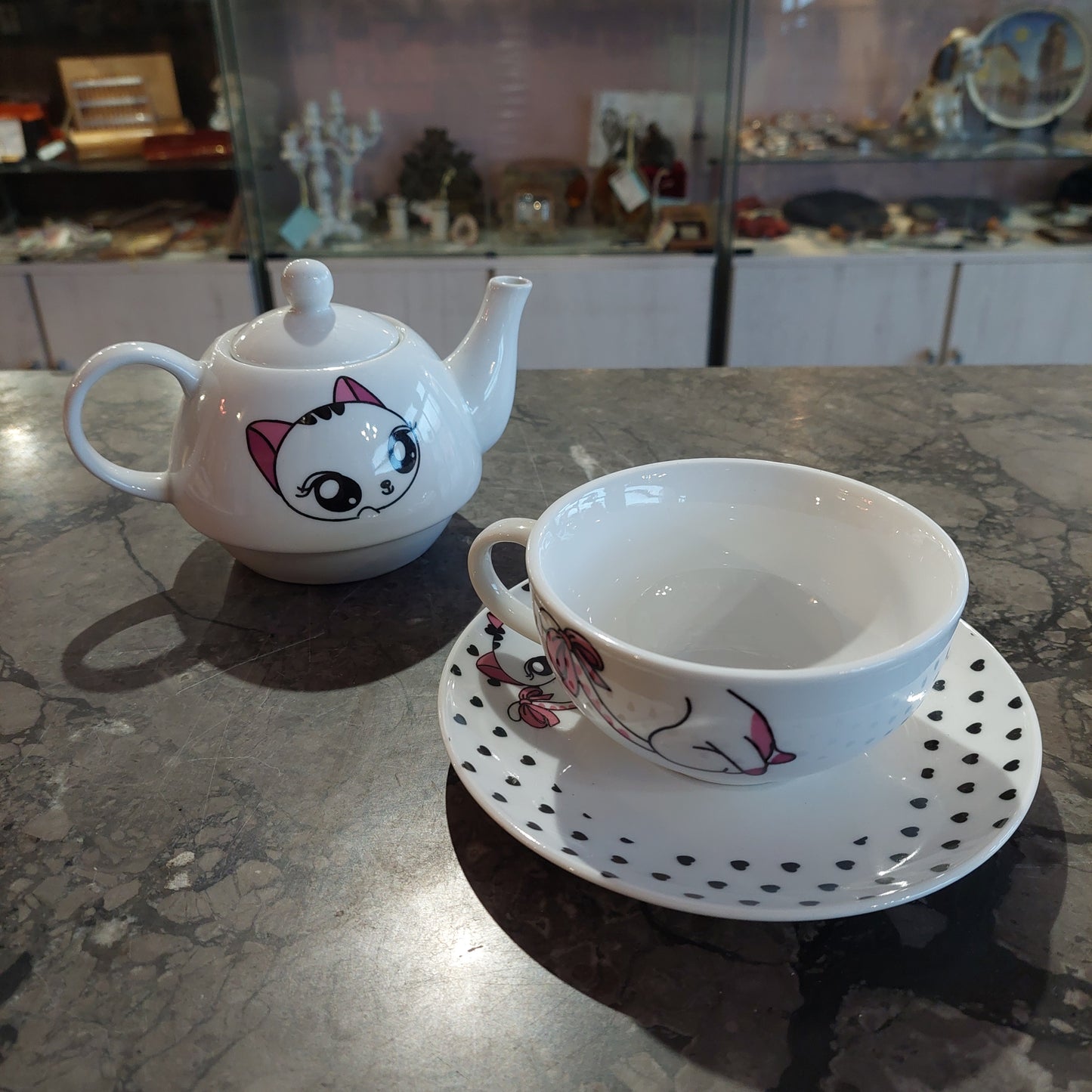 Teiera Con Tazza Porcellana Decoro Gattino