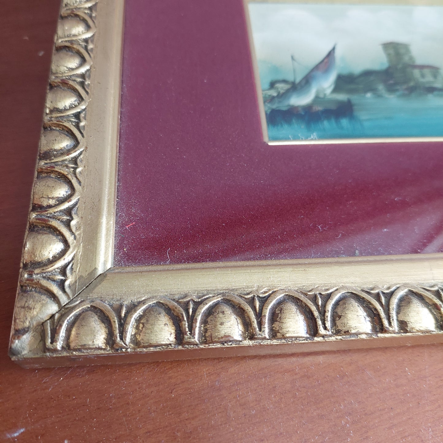 Quadro Paesaggio Barche Firmato Cornice Oro Cm33x21