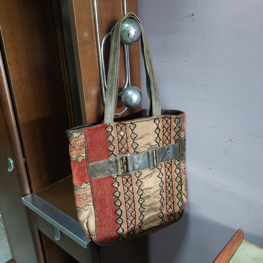 Borsa Etnica Vellutto/perline C/manici In Pelle