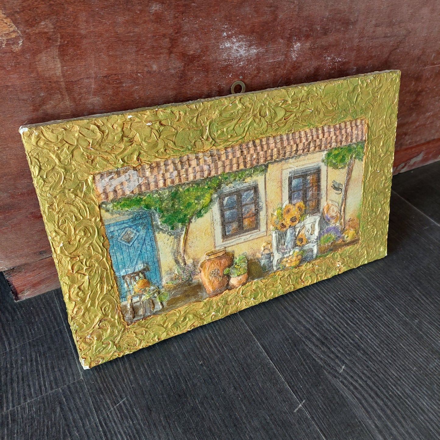Quadro Piastrella Legno Cortile Con Giara Cm43x26