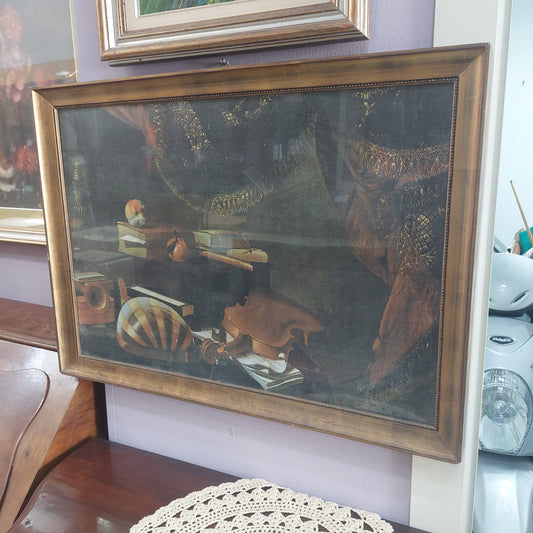 Quadro "natura Morta Con Strumenti Musicali" Cornice Legno Oro Cm74x53