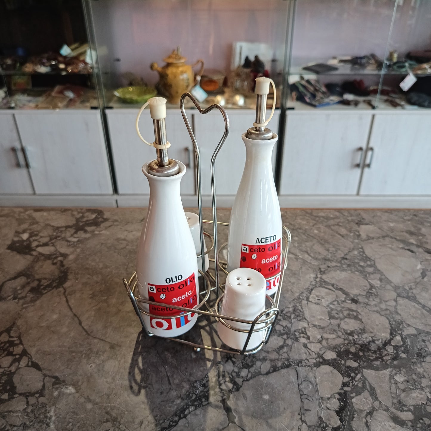 Set/4 Pezzi Olio Aceto Sale E Pepe Ceramica / Metallo