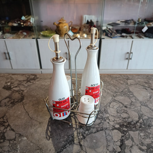 Set/4 Pezzi Olio Aceto Sale E Pepe Ceramica / Metallo