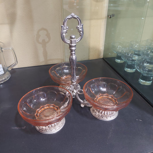 Antipastiera Silver Con 3 Ciotoline Vetro Rosa