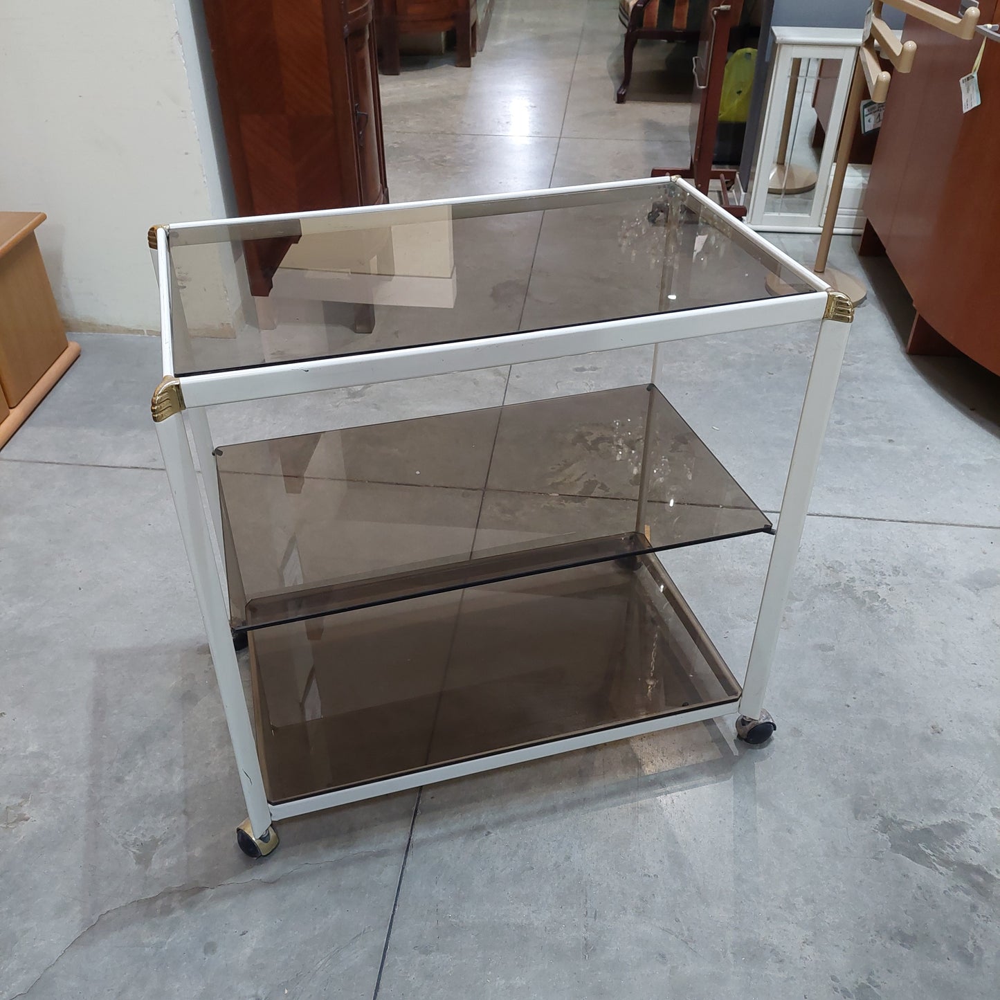 Carrellino Metallo Bianco 3 R Vetro Cm76x46x45,5h