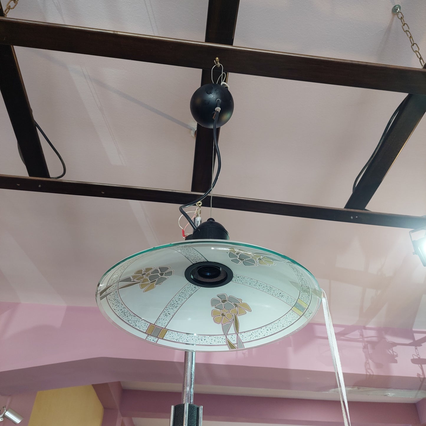 Lampadario Disco Vetro Satinato Fiori Anni 80